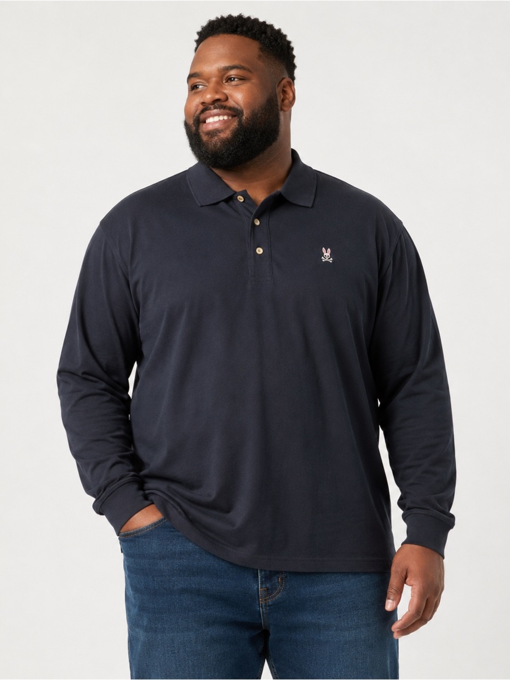 Psycho Bunny Men's Long-Sleeve Polo in Navy with Embroidered Bunny